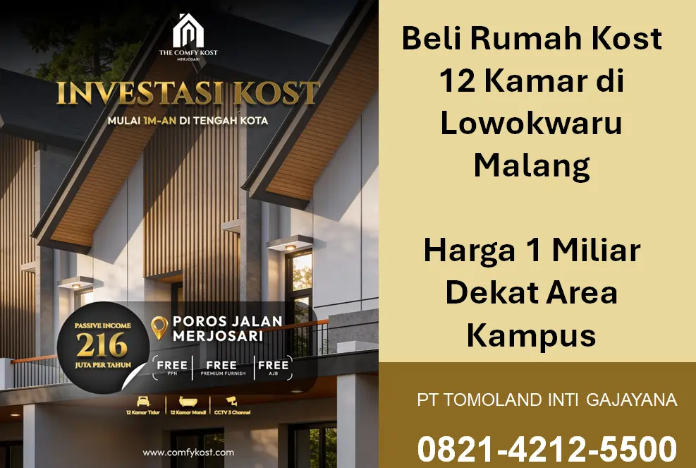 Beli Rumah Kost Premium 12 Kamar di Lowokwaru Malang: Harga 1 Miliar Dekat Area Kampus