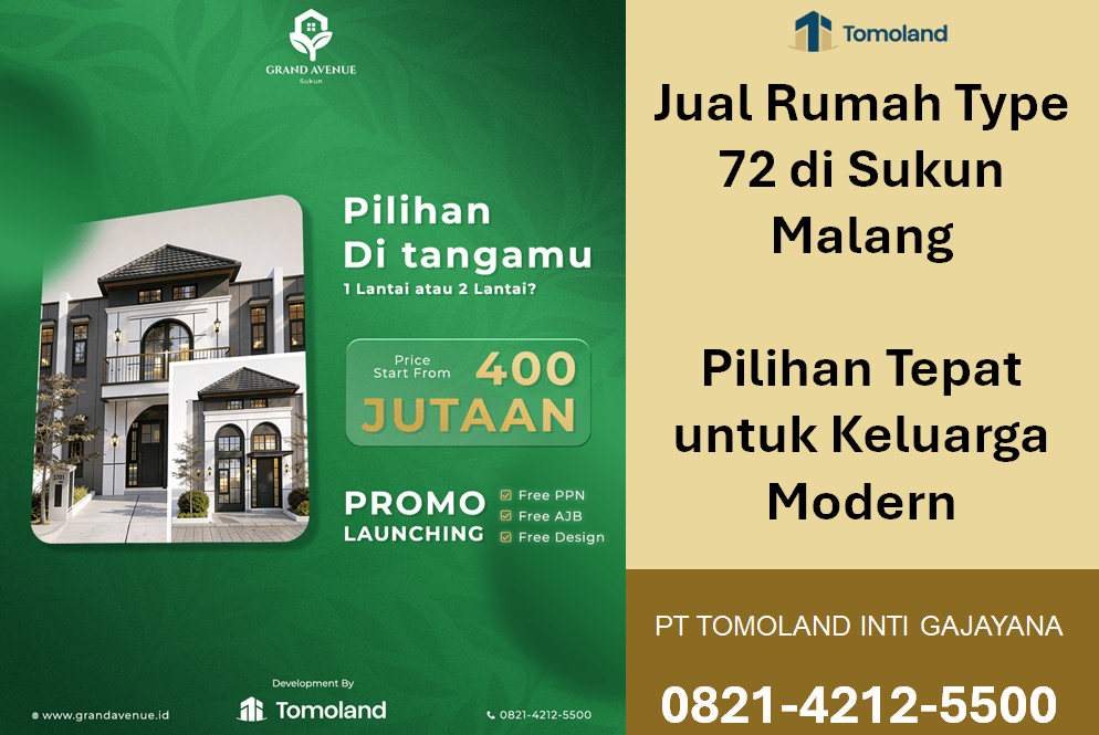 Jual Rumah Type 72 di Sukun Malang: Hunian Luas di Lokasi Strategis | Grand Avenue Tomoland