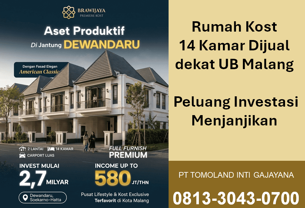 Rumah Kost 14 Kamar Dijual Dekat UB Malang, Cocok untuk Investasi Passive Income